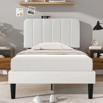 Estructura de cama de plataforma tapizada blanca tamaño individual con cabecero