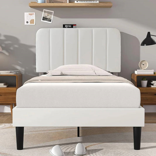 Twin size White Upholstered Platform Bed Frame with Headboard - Tampa Home & Garden Store