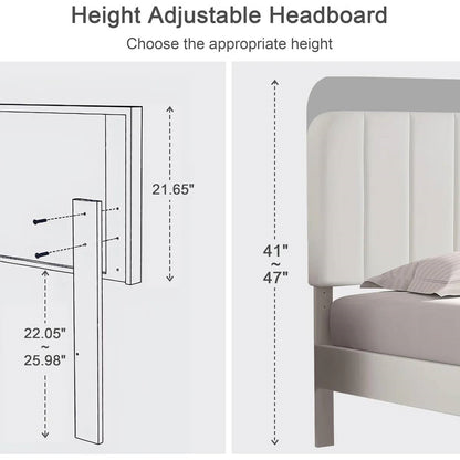 Estructura de cama de plataforma tapizada blanca tamaño individual con cabecero