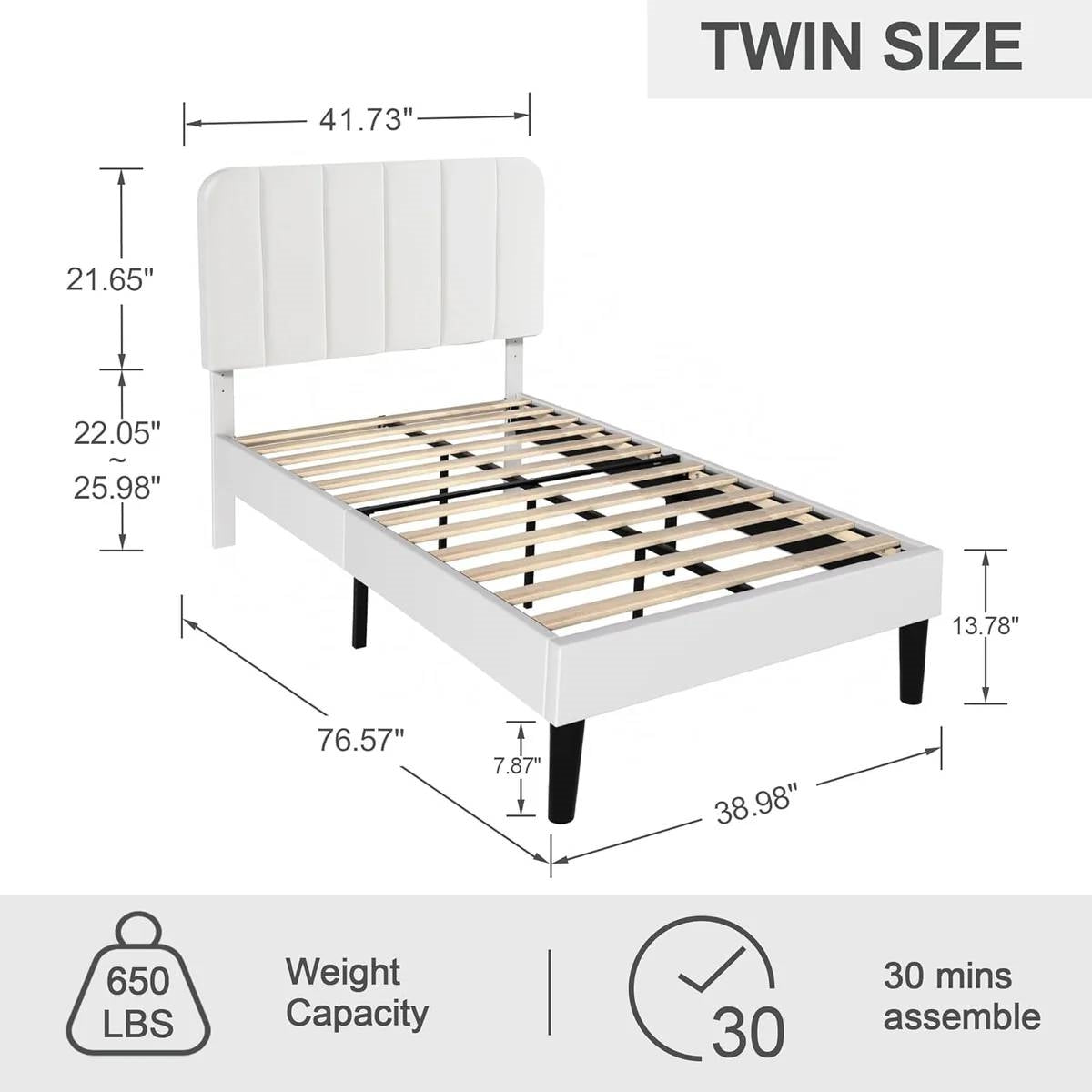 Estructura de cama de plataforma tapizada blanca tamaño individual con cabecero