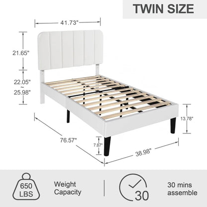 Estructura de cama de plataforma tapizada blanca tamaño individual con cabecero