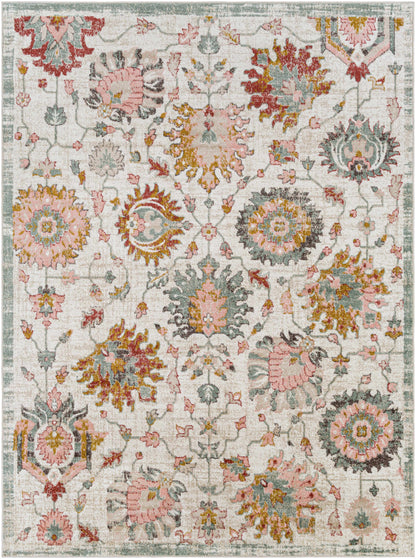 Twilight Floral Area Rug, Boutique Rugs pink teal yellow blooms on beige backdrop bordered on Tampa Home & Garden Store