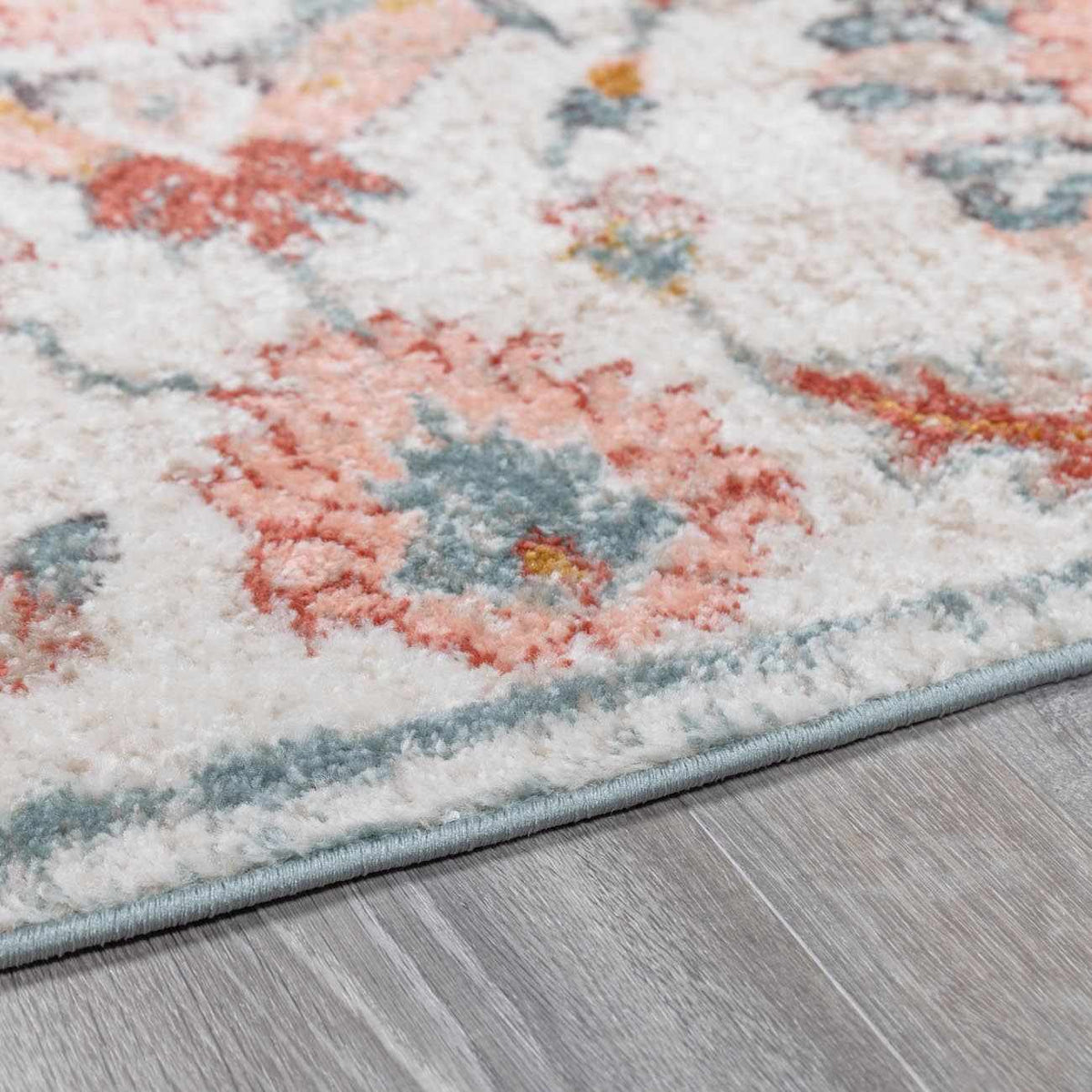 Twilight Floral Area Rug, Boutique Rugs ivory field with coral and blue florals, blue-gray edge on Tampa Home & Garden Store
