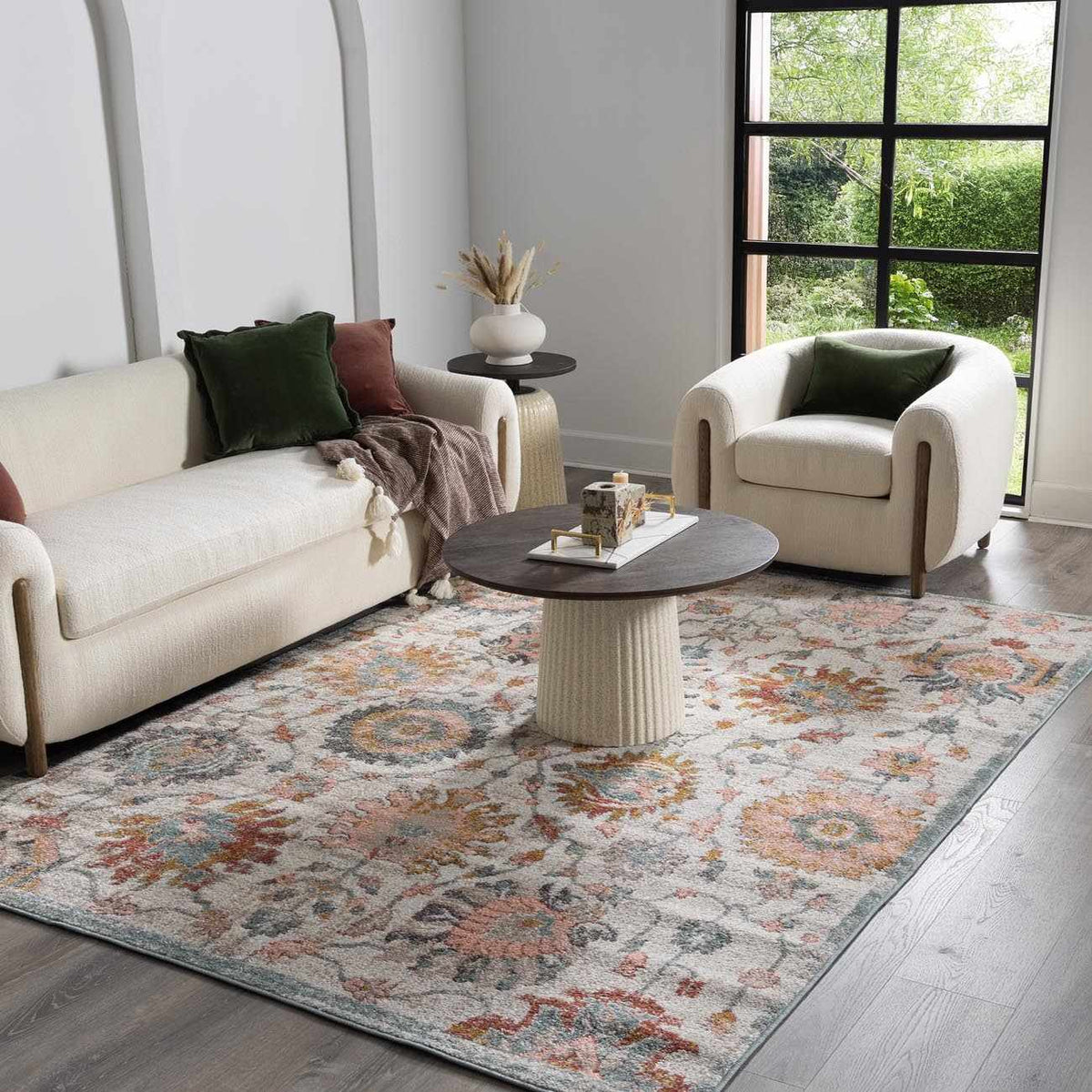 Twilight Floral Area Rug, Boutique Rugs, cream base with multicolor floral pattern in room on Tampa Home & Garden Store