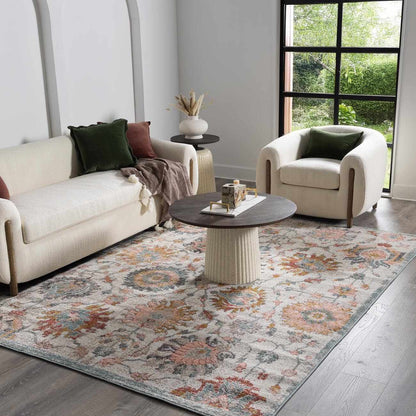 Twilight Floral Area Rug, Boutique Rugs, cream base with multicolor floral pattern in room on Tampa Home & Garden Store
