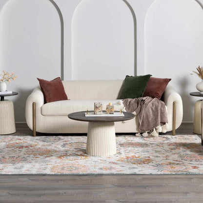 Twilight Floral Area Rug Boutique Rugs floral pattern in soft neutrals on living room floor on Tampa Home & Garden Store