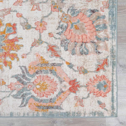 Twilight Floral Area Rug, Boutique Rugs, beige with pink coral florals and blue accents on Tampa Home & Garden Store