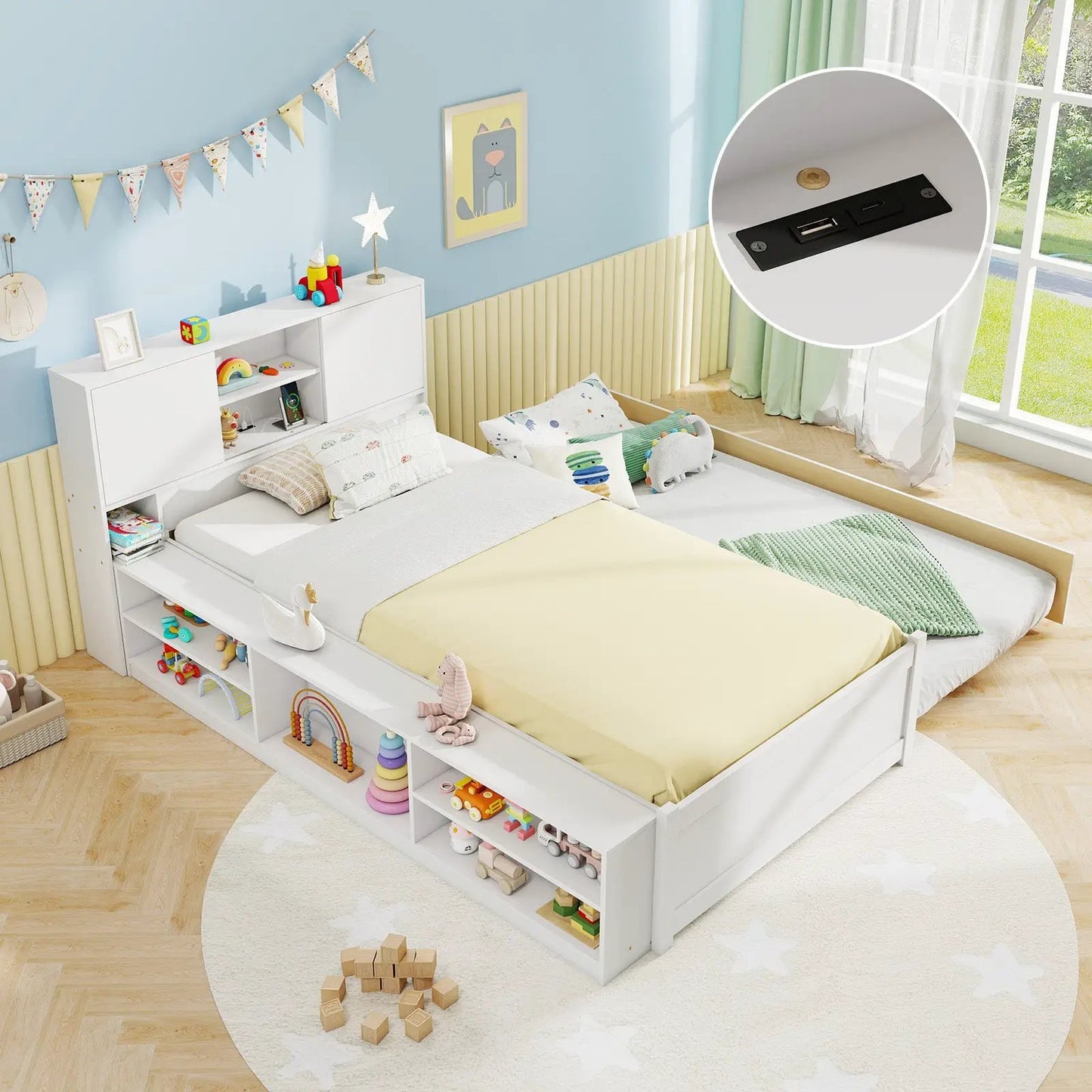 Twin Bed Frame with Trundle and Power Outlets