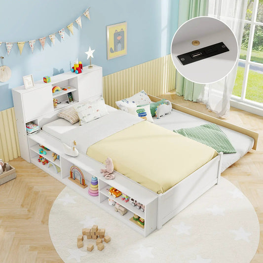 Twin Bed Frame with Trundle in white by DirectDeals, with built-in storage shelves and outlets on Tampa Home & Garden Store