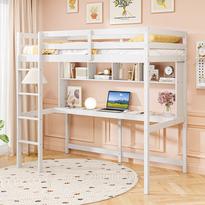 Twin Loft Bed with Desk and Shelves White