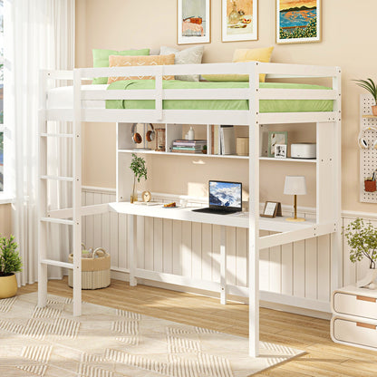 Twin Loft Bed with Desk and Shelves White