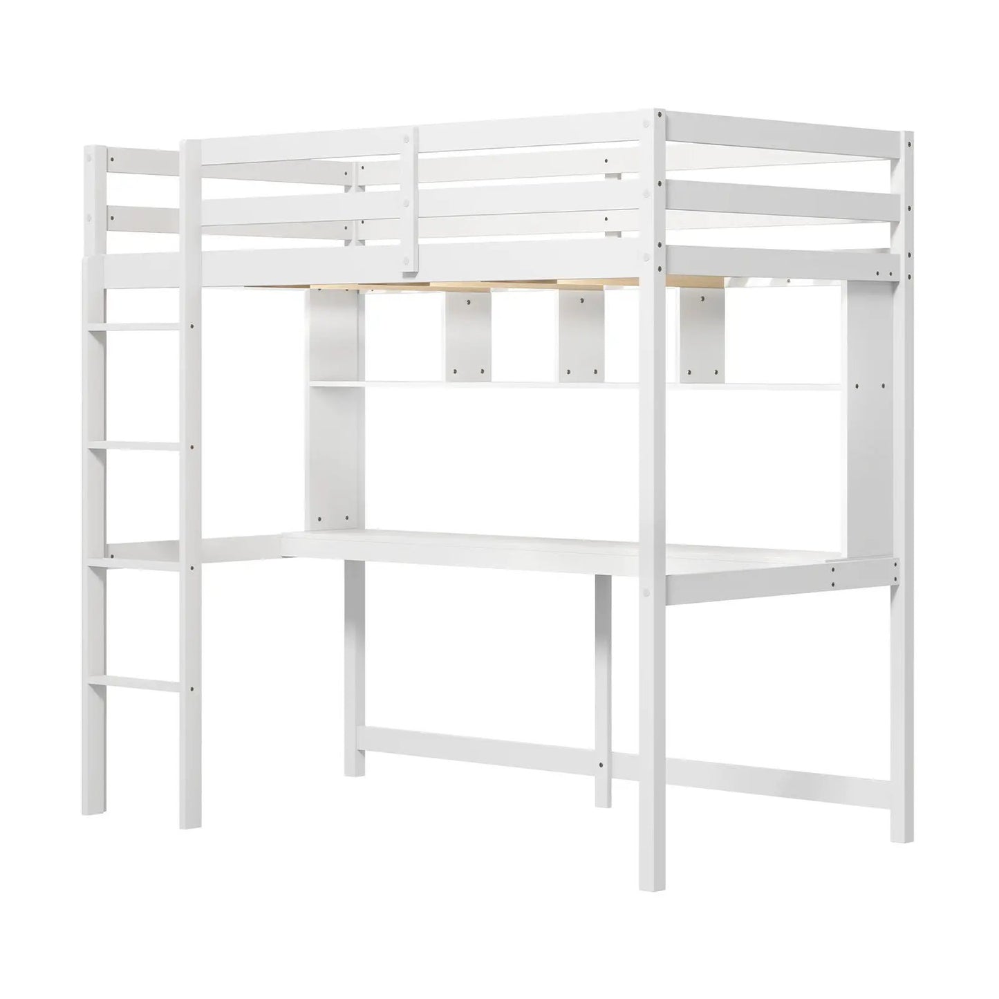 Twin Loft Bed with Desk and Shelves White