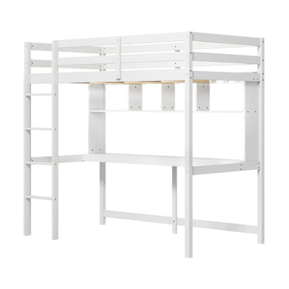 Twin Loft Bed with Desk and Shelves White
