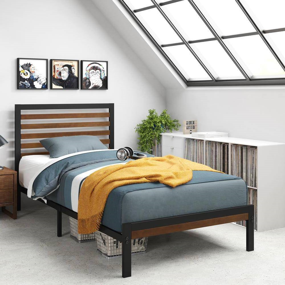 Marco de Cama Plataforma de Metal Negro para Dormitorio de Estudiantes Gemelos con Cabecero de Listones de Madera Marrón