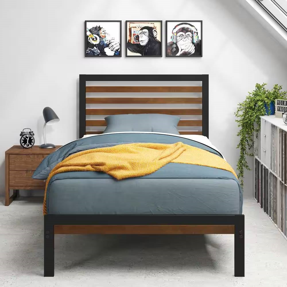 Marco de Cama Plataforma de Metal Negro para Dormitorio de Estudiantes Gemelos con Cabecero de Listones de Madera Marrón
