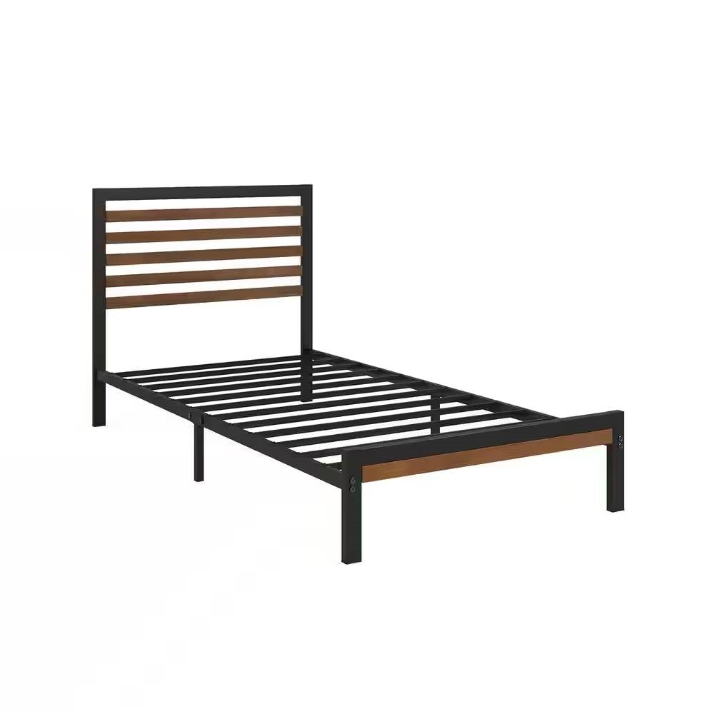 Marco de Cama Plataforma de Metal Negro para Dormitorio de Estudiantes Gemelos con Cabecero de Listones de Madera Marrón
