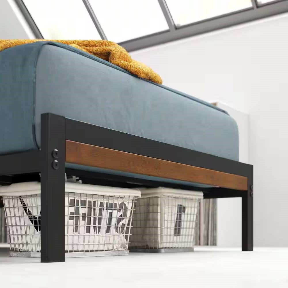 Marco de Cama Plataforma de Metal Negro para Dormitorio de Estudiantes Gemelos con Cabecero de Listones de Madera Marrón