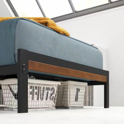 Marco de Cama Plataforma de Metal Negro para Dormitorio de Estudiantes Gemelos con Cabecero de Listones de Madera Marrón