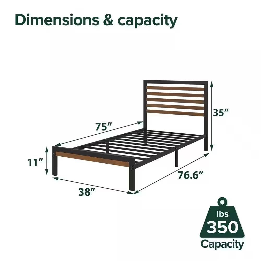 Marco de Cama Plataforma de Metal Negro para Dormitorio de Estudiantes Gemelos con Cabecero de Listones de Madera Marrón