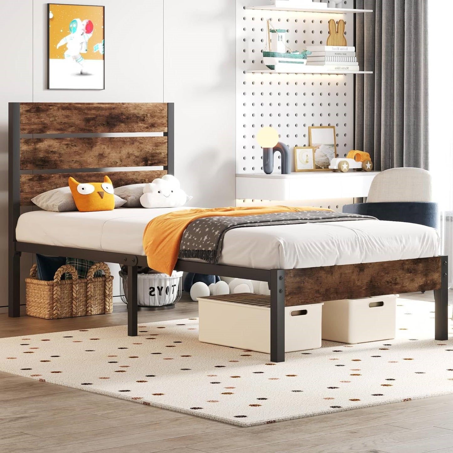 Estructura de cama de plataforma de metal estilo casa de campo moderna tamaño twin con cabecero de madera marrón