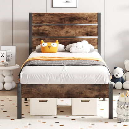 Estructura de cama de plataforma de metal estilo casa de campo moderna tamaño twin con cabecero de madera marrón