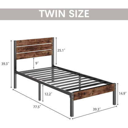 Estructura de cama de plataforma de metal estilo casa de campo moderna tamaño twin con cabecero de madera marrón