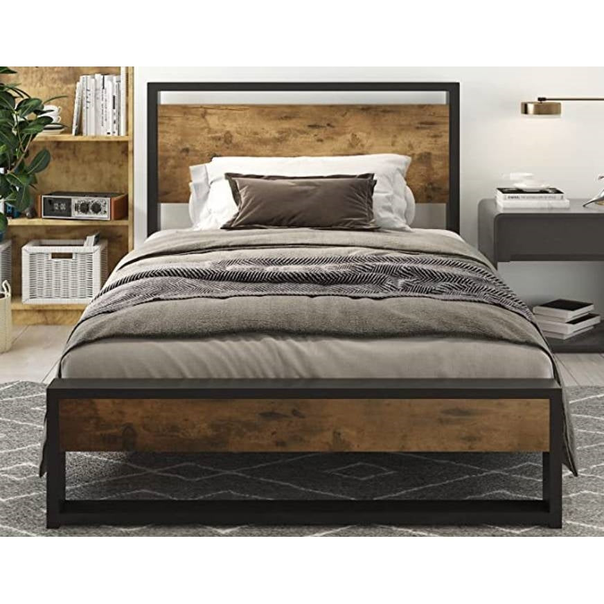 Marco de Cama Plataforma Twin Modern Farmhouse con Cabecero y Piecero de Paneles de Madera