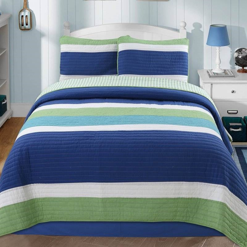 Juego de edredón 100% algodón a rayas azul marino/verde/cerceta/blanco, tamaño Twin