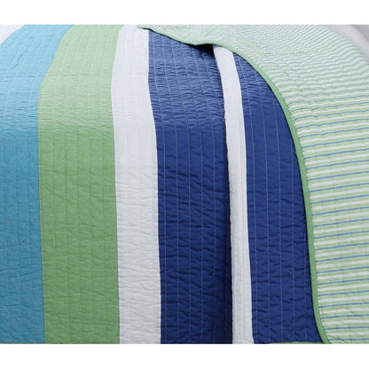 Juego de edredón 100% algodón a rayas azul marino/verde/cerceta/blanco, tamaño Twin