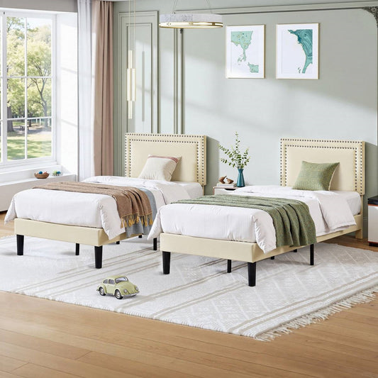 Twin Size - Set of 2  - Dorm Style Beige Tufted Upholstered Platform Beds - Tampa Home & Garden Store