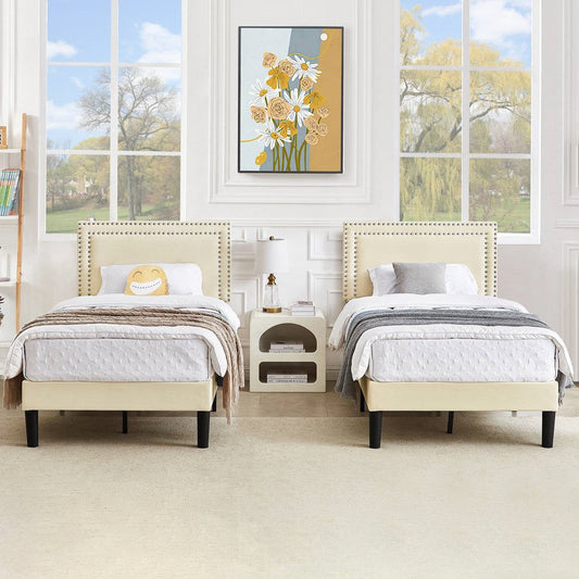 Twin Size - Set of 2  - Dorm Style Beige Tufted Upholstered Platform Beds - Tampa Home & Garden Store