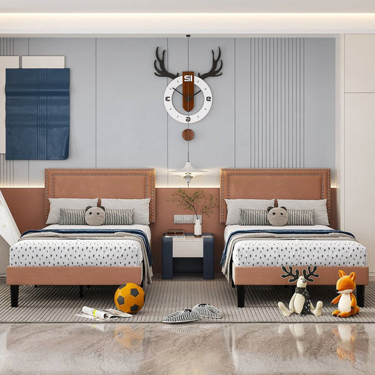 Set of 2 - Twin size Brown Tan Tufted Upholstered Platform Bed with Headboard - Tampa Home & Garden Store