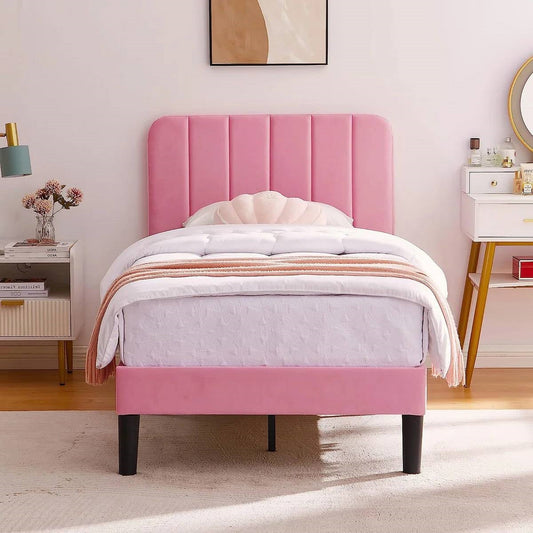Twin size Pink Upholstered Platform Bed Frame with Headboard - Tampa Home & Garden Store