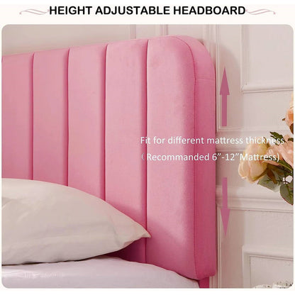 Estructura de cama de plataforma tapizada rosa tamaño Twin con cabecero