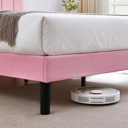 Estructura de cama de plataforma tapizada rosa tamaño Twin con cabecero