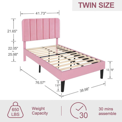 Estructura de cama de plataforma tapizada rosa tamaño Twin con cabecero