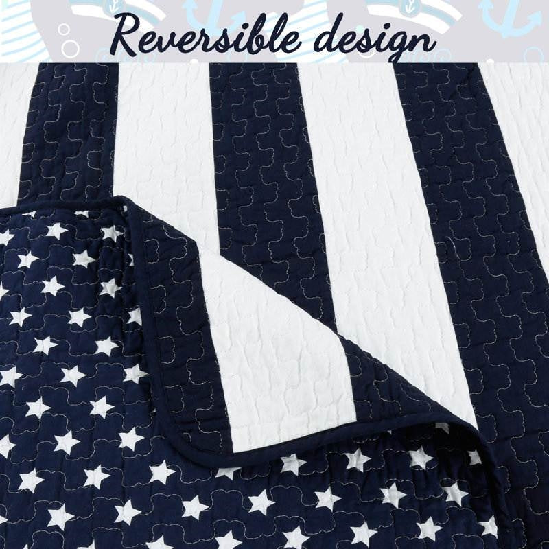 Juego de edredón reversible individual de 2 piezas, 100 % algodón, con estrellas y rayas azules marinas y blancas