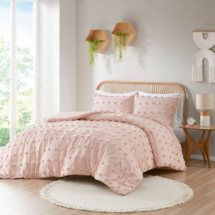 Juego de edredón de microfibra hipoalergénica con pompones rosas de 2 piezas para camas individuales/individuales XL