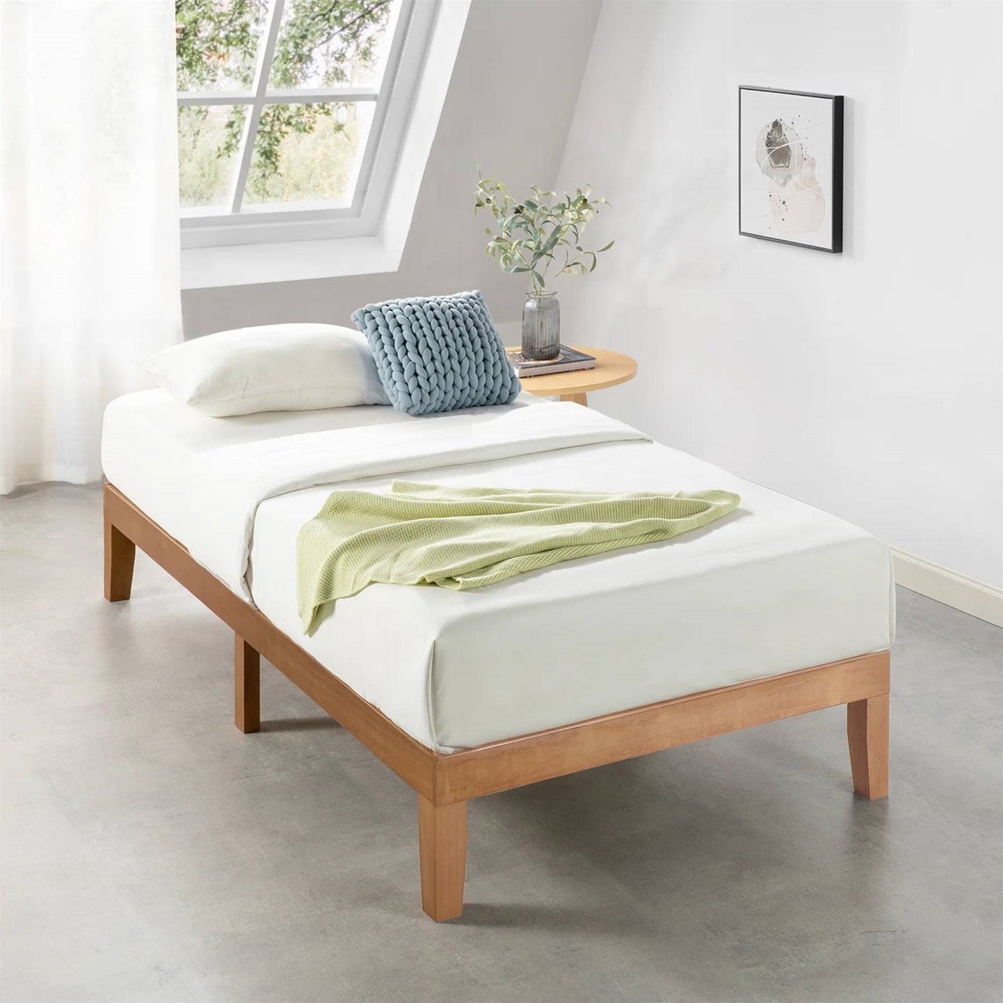 Base de cama tipo plataforma Twin XL de madera maciza con acabado de madera natural