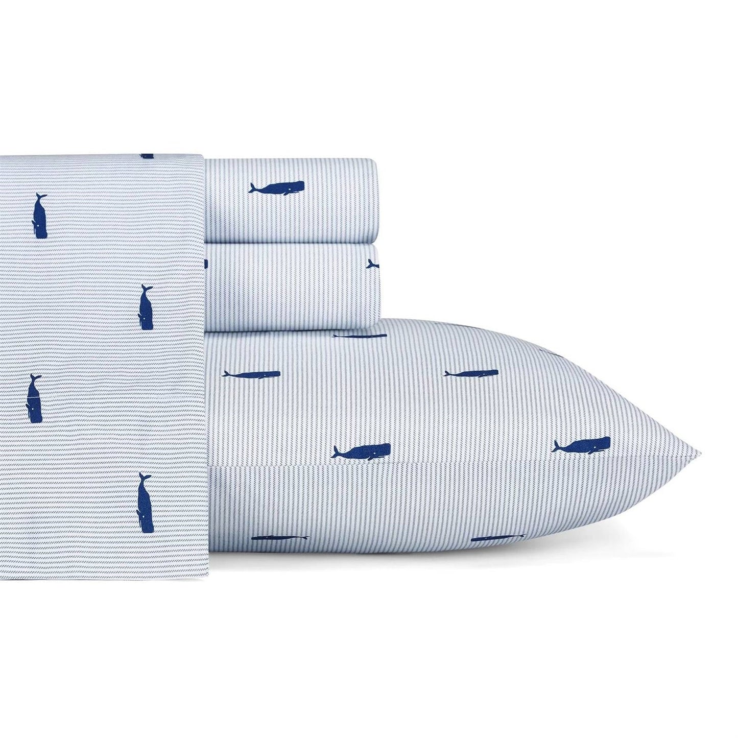Juego de sábanas Twin XL de algodón 100 % con rayas azules marino y blancas de estilo costero