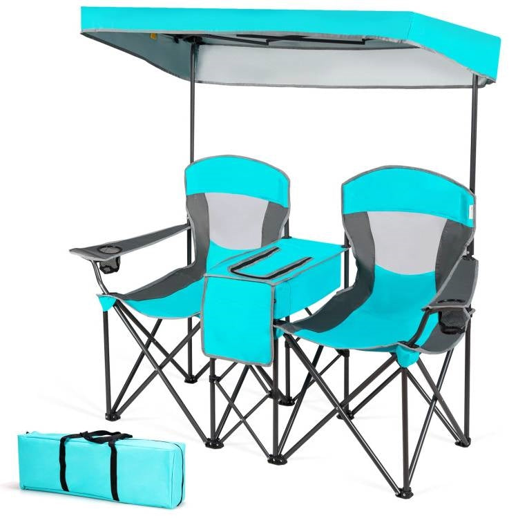 Sillón Plegable con Toldo Turquesa de 2 Piezas con Portavasos y Bolsillo de Almacenamiento