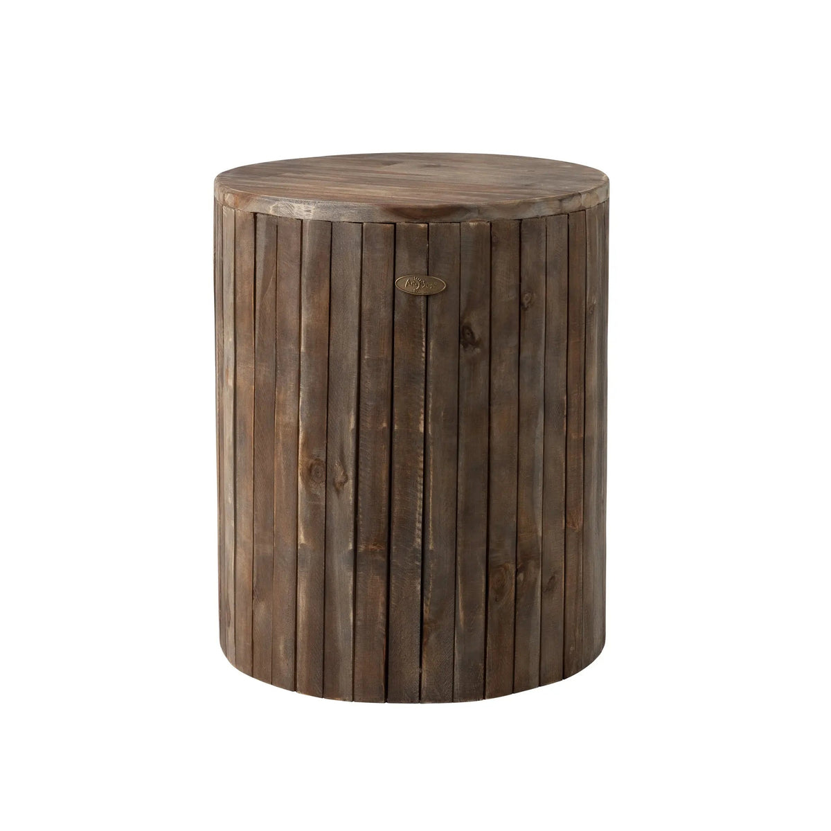 Michael Round Garden Stool round wooden outdoor pouf with vertical slats and metal badge on Tampa Home & Garden Store