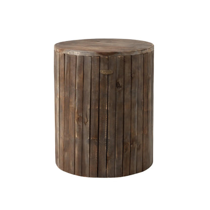 Michael Round Garden Stool round wooden outdoor pouf with vertical slats and metal badge on Tampa Home & Garden Store