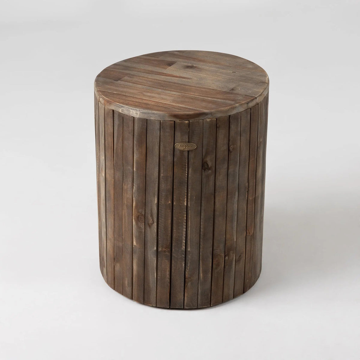 Michael Round Garden Stool round wooden pouf with vertical slats in dark brown finish on Tampa Home & Garden Store