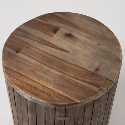 Round wooden garden stool in dark brown finish with visible wood grain on Tampa Home & Garden Store