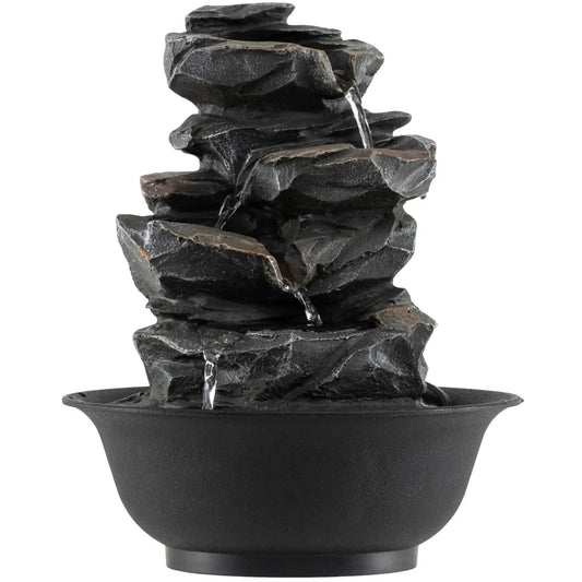 Tabletop water fountain with LED light, stacked black stone rocks cascade indoor DirectDeals on Tampa Home & Garden Store