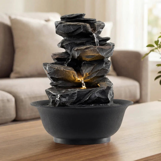 Tabletop water fountain with LED light, cascading slate rocks for indoor decor on Tampa Home & Garden Store