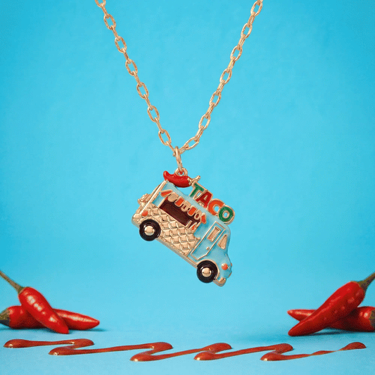 Taco Truck Locket Necklace by ALEX AND ANI, turquoise enamel truck on a gold-tone chain on Tampa Home & Garden Store