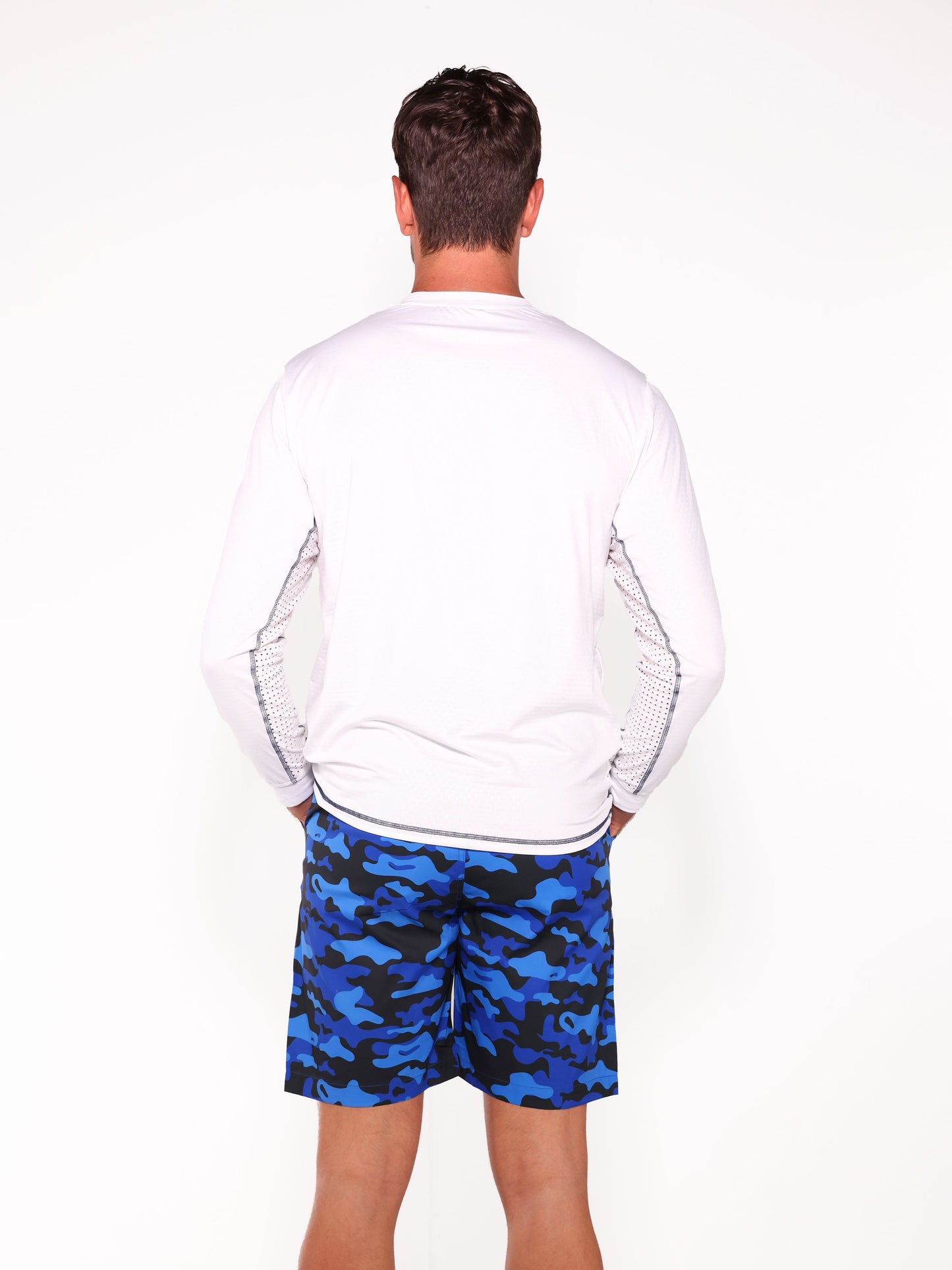 NautiFlex Performance Tee white long-sleeve tee with mesh panels blue camo shorts on Tampa Home & Garden Store