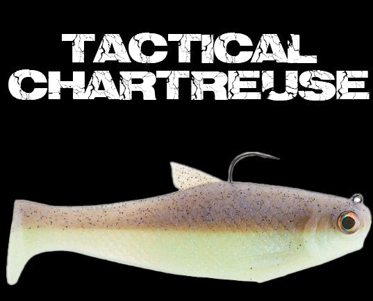 Bacca Burrito boot-tail soft swimbait, tactical chartreuse with brown speckled back on Tampa Home & Garden Store